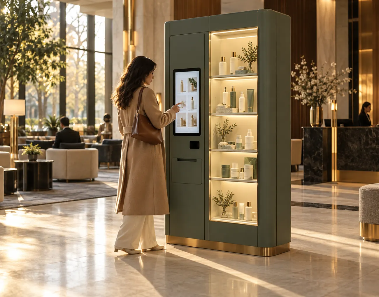 A custom-branded skincare retail kiosk with backlit shelves in a hotel lobby