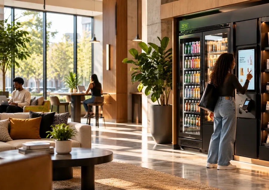 A shopper at a walnut-and-black automated retail wall in a sunlit lobby