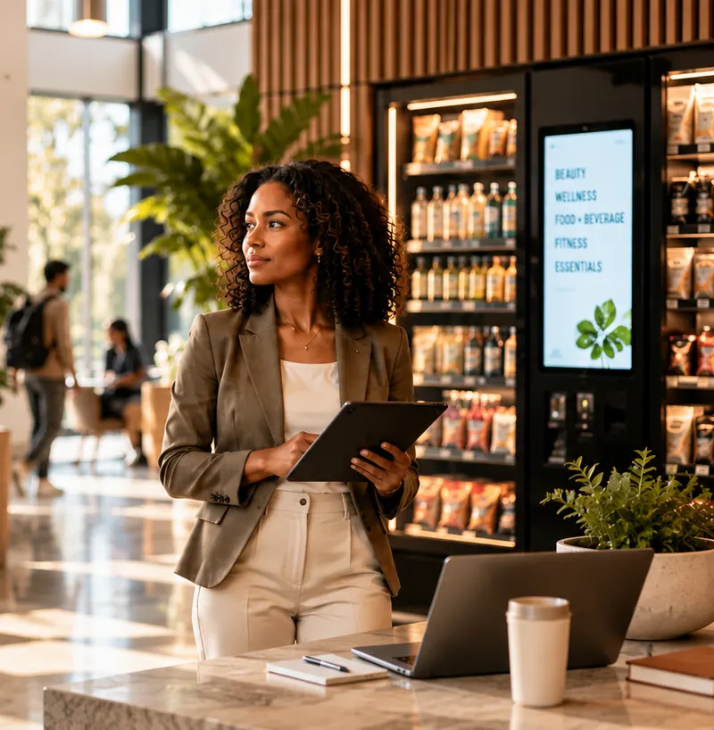 A property manager with a tablet beside an automated retail wall in a sunlit lobby